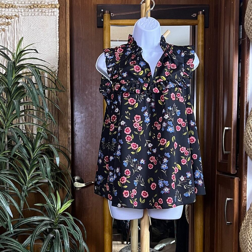 Kate Spade Wild Ones Meadow Ruffle Yoke Top Womens S Black Floral Blouse NWT